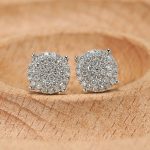 18K white gold diamond earrings, worn view 18K white gold diamond earrings, worn view